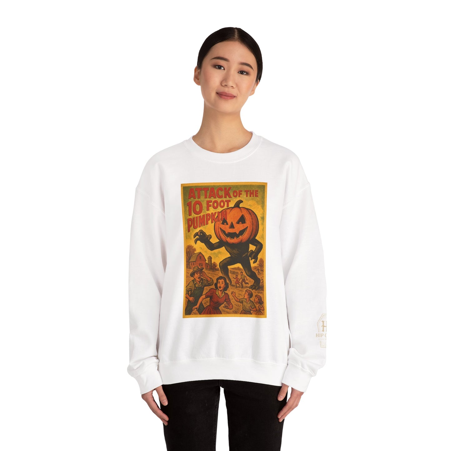 B Movie Crewneck Sweatshirt - "Attack of the 10 Foot Pumpkin" Vintage Poster Design