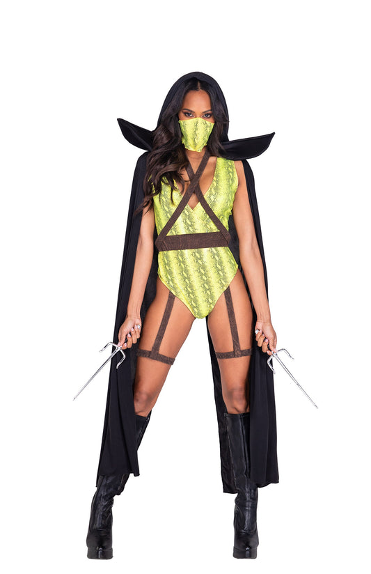 Person wearing a neon green and black costume with a cape on a white background