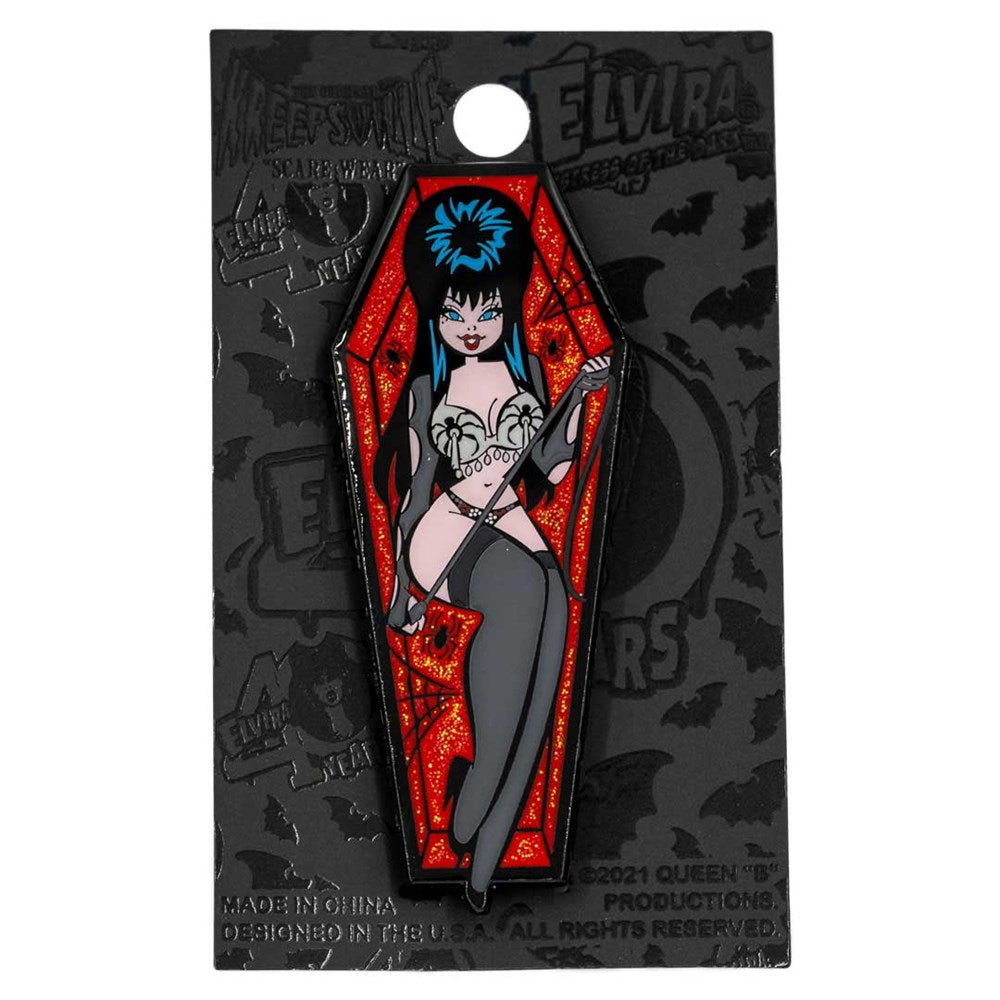 Elvira Spider Coffin Glitter Enamel Pin