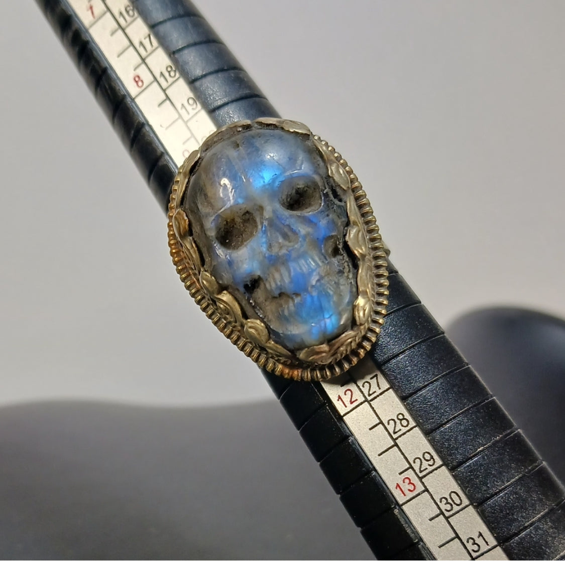 Tibetian Silver Labrodite Skull Ring