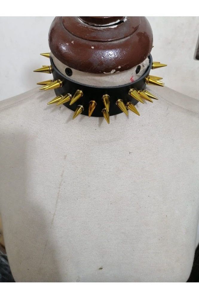 Black Faux Leather & Yellow Metallic Spike Choker
