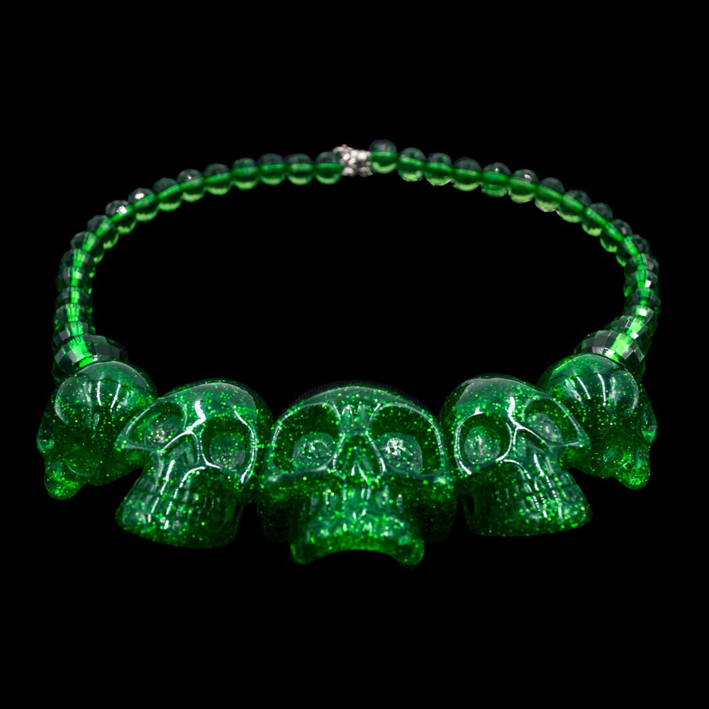 Skull Collection Necklace Green Glitter