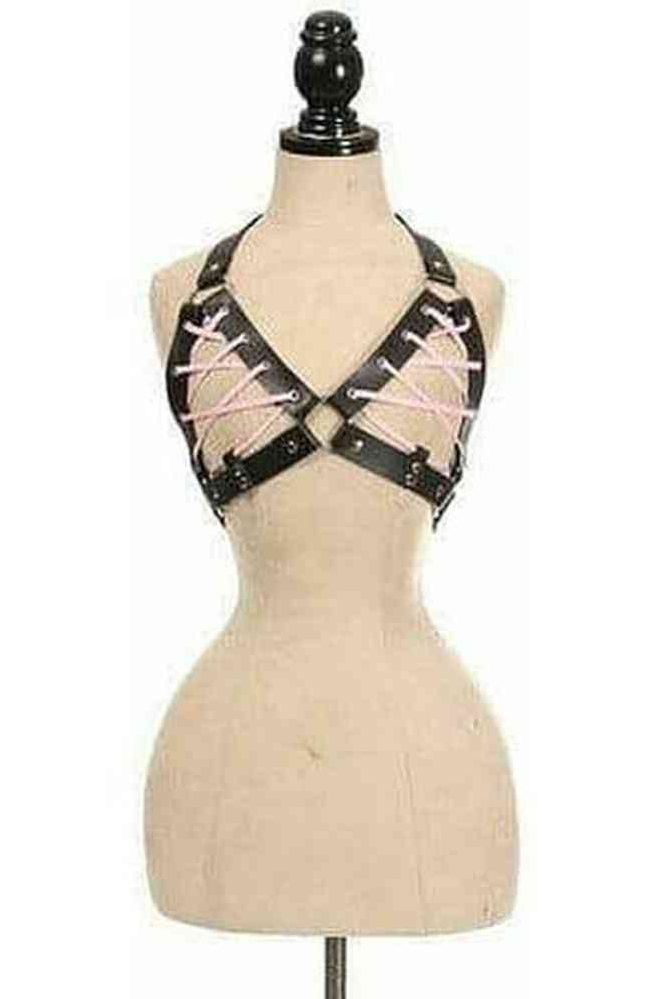 Black Faux Leather Lace - Up Bra Top - Lt Pink - Daisy Corsets