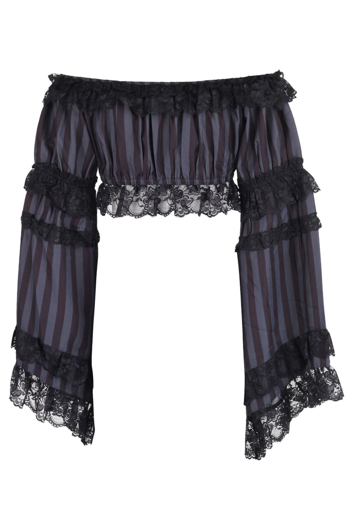 Black/Grey Striped Smocked Flare Sleeve Peasant Top - Daisy Corsets