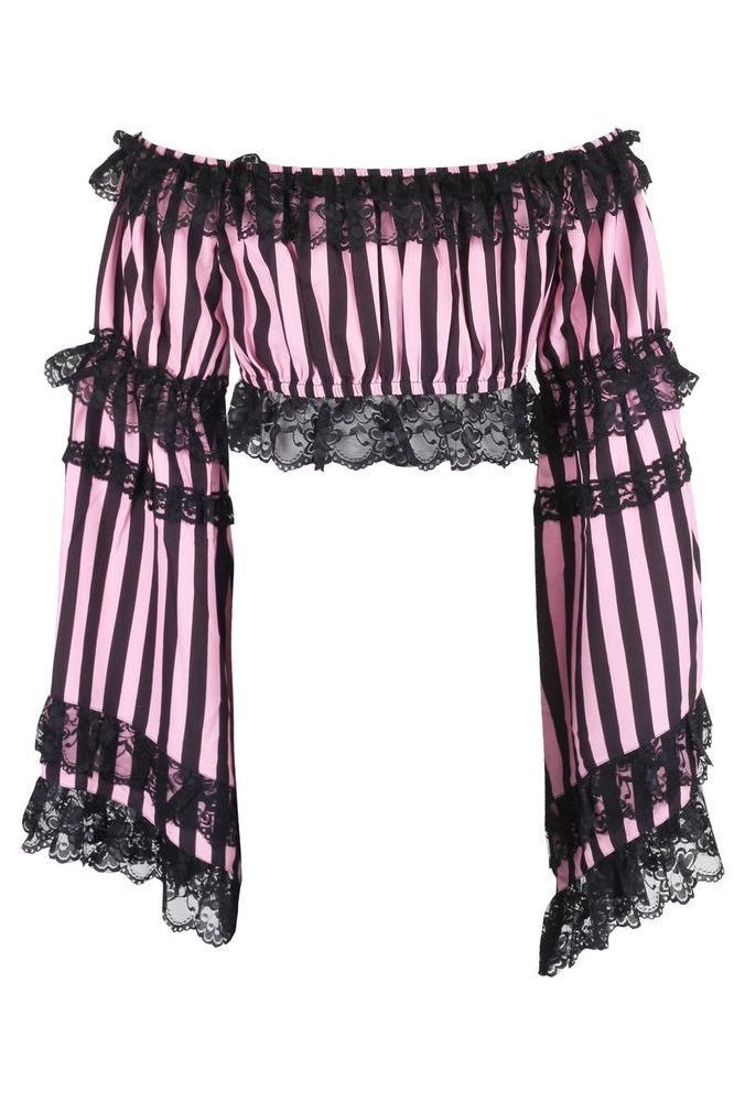 Black/Pink Striped Smocked Flare Sleeve Peasant Top - Daisy Corsets