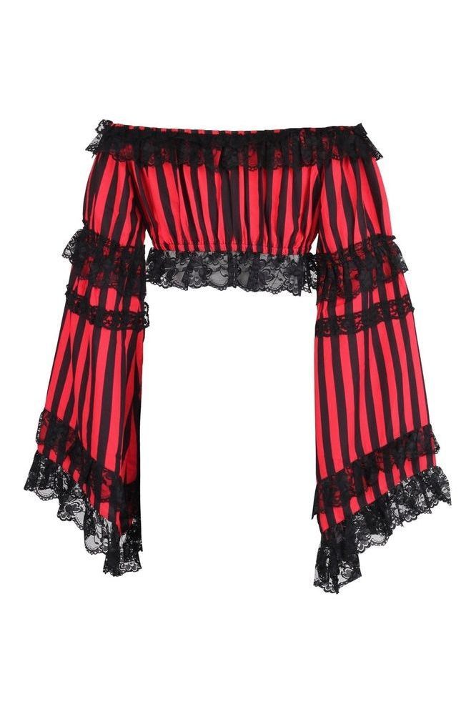 Black/Red Striped Smocked Flare Sleeve Peasant Top - Daisy Corsets