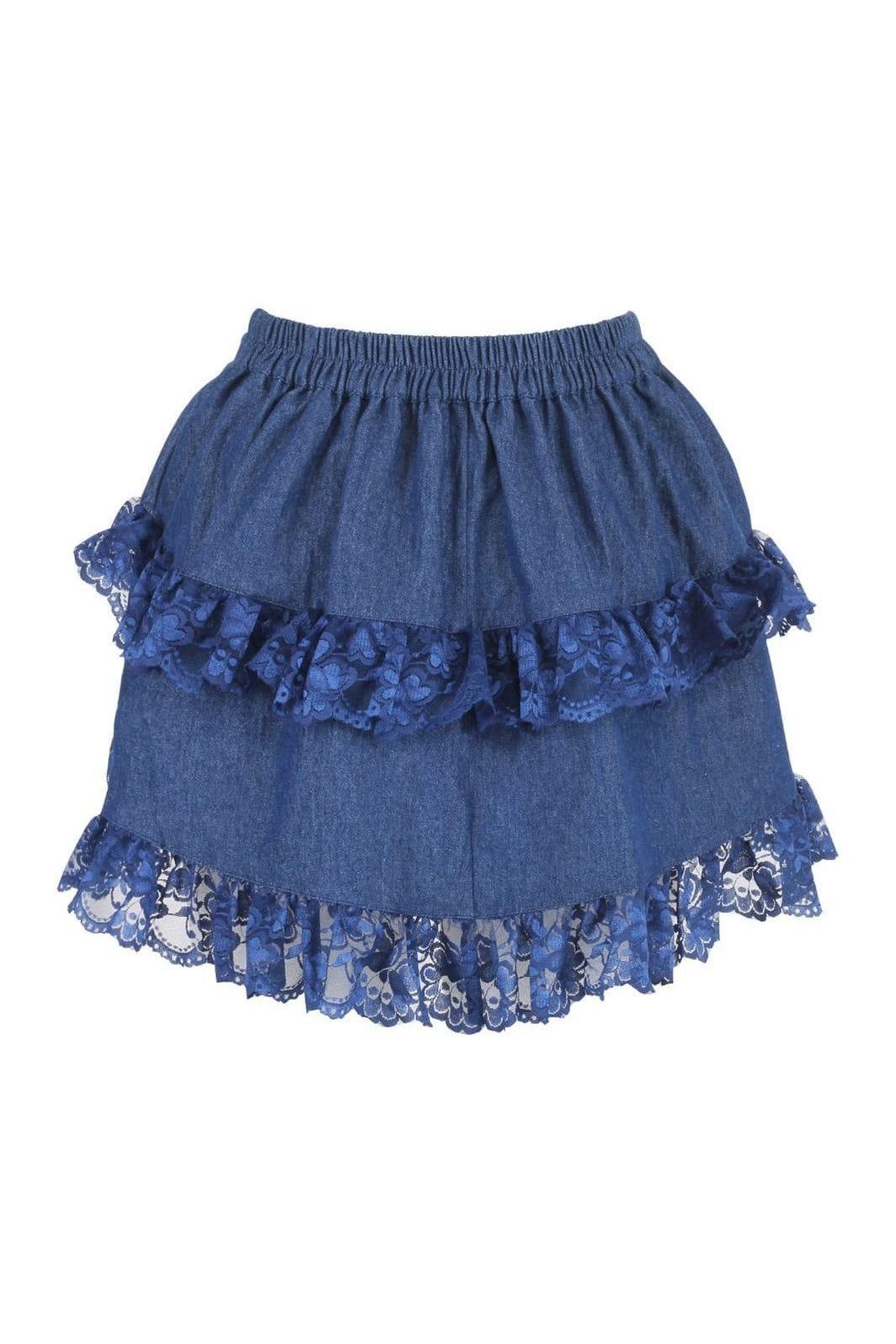 Dark Blue Denim Ruched Bustle Skirt w/Lace - Daisy Corsets