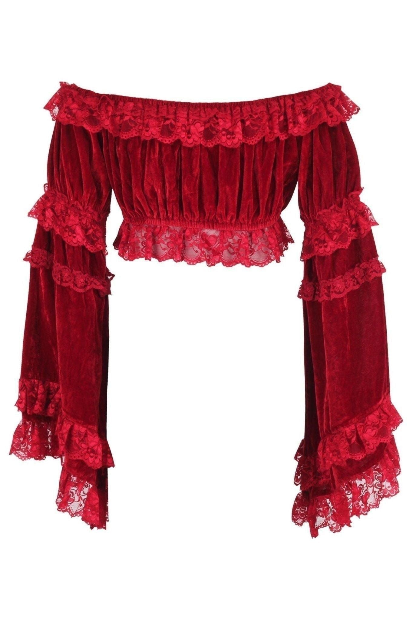 Dark Red Velvet Smocked Flare Sleeve Peasant Top - Daisy Corsets