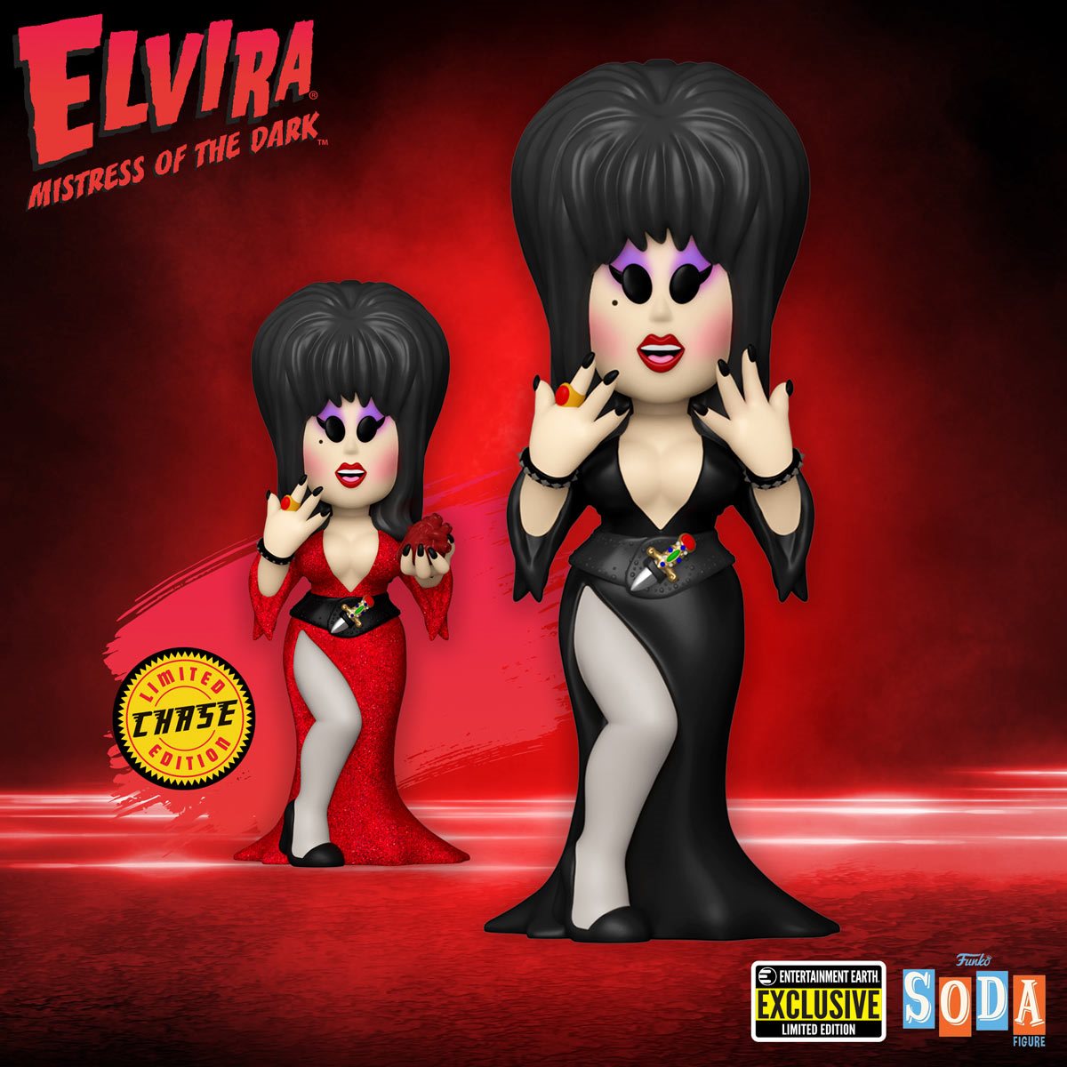 Elvira Vinyl Soda Figure - Entertainment Earth Exclusive Mistress of the Dark Movie Macabre Horror Hostess TV Icons Hip Crypt Entertainment Earth.