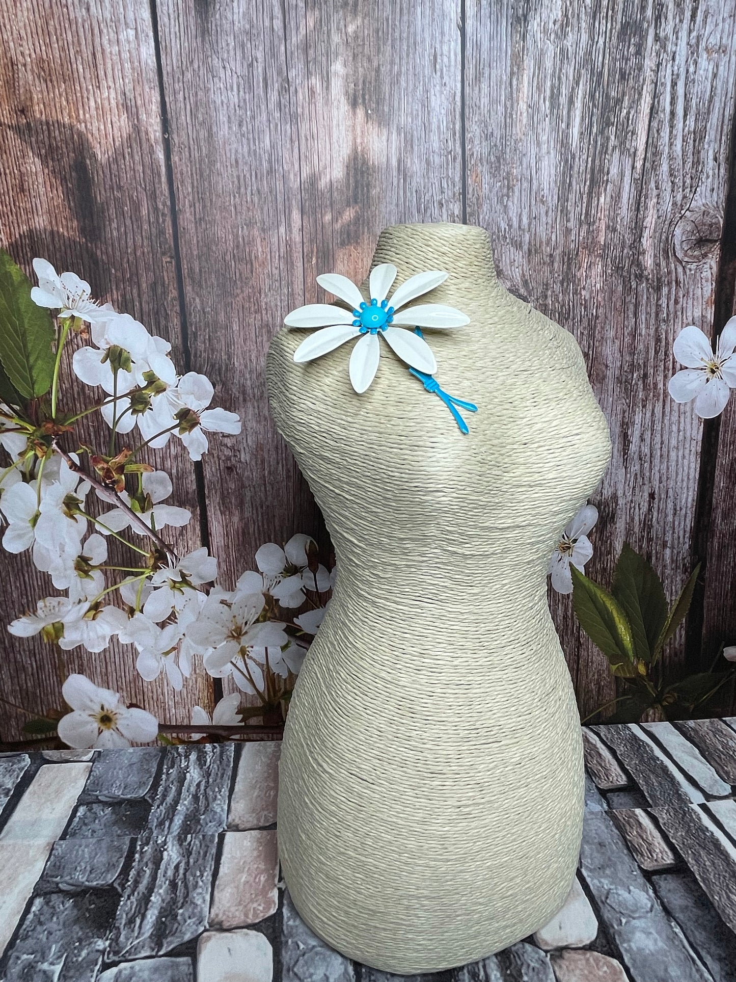 White Blue Enamel Flower Pin Vintage Floral Jewelry