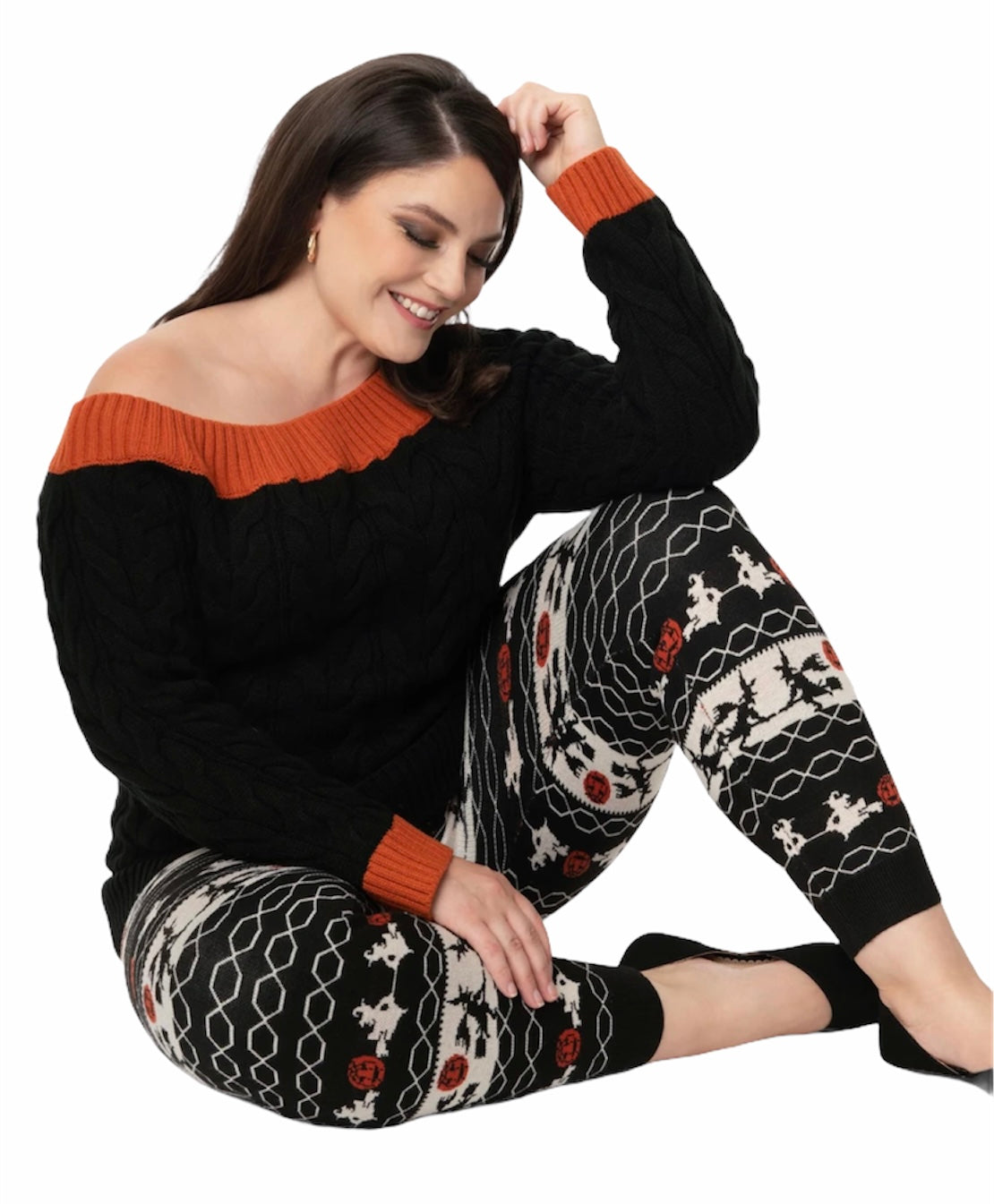 Unique Vintage Black & Burnt Orange Off Shoulder Allen Sweater Hip Crypt Halloween Goth Spooky Season