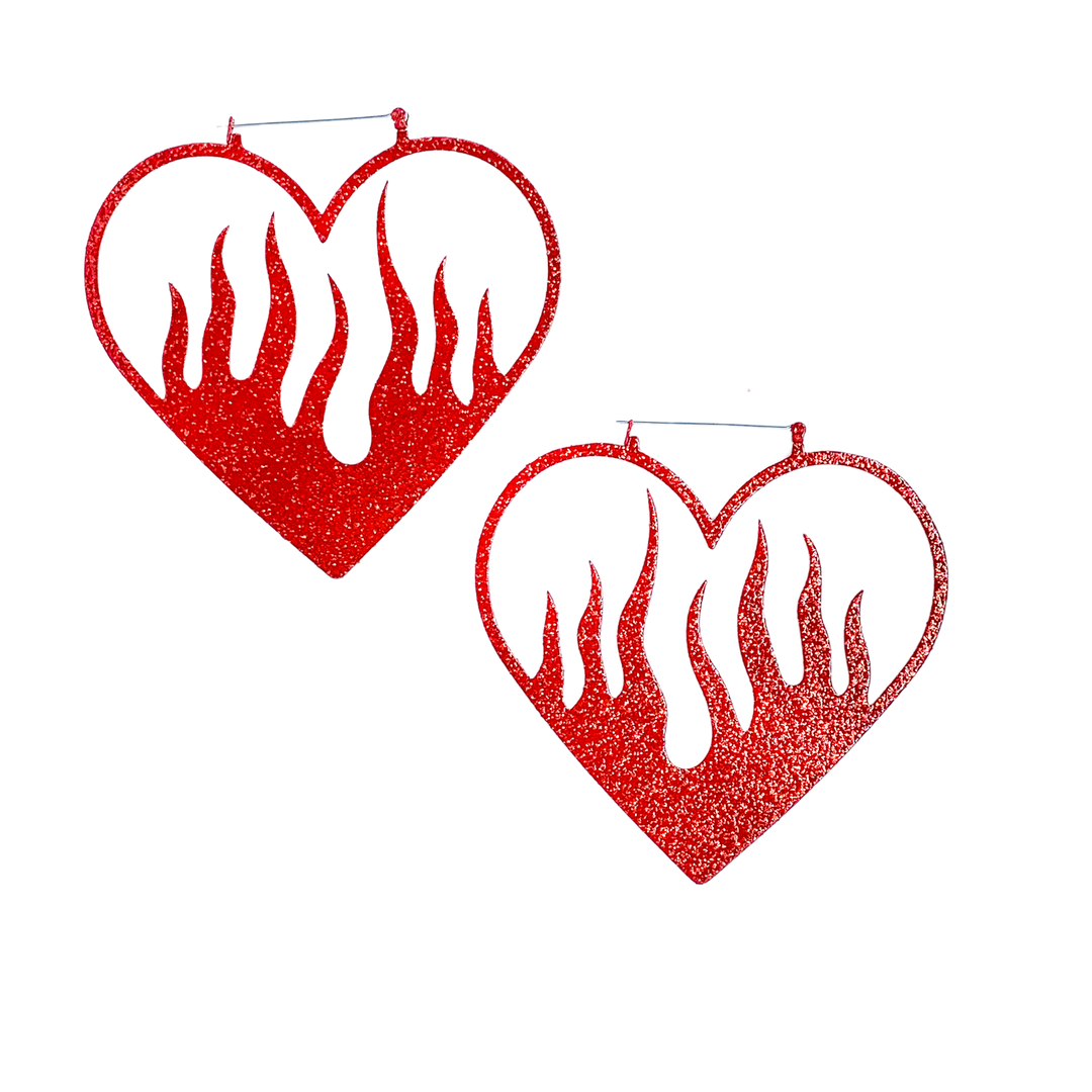 Heart Of Fire Red Glitter Hoop Earrings