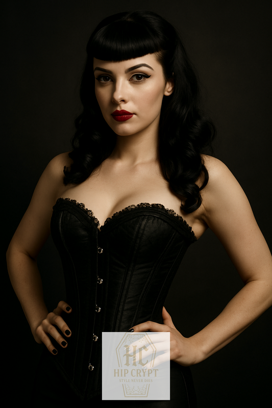 Pinup gothic woman wearing a black steel boned corset, vintage rockabilly style, modeling proper corset fit.