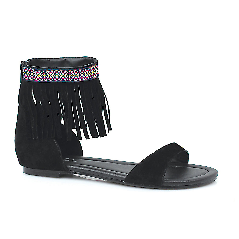 015-HENA Ellie Shoes Tribal fringe native flat sandal with embroidered details FLATS