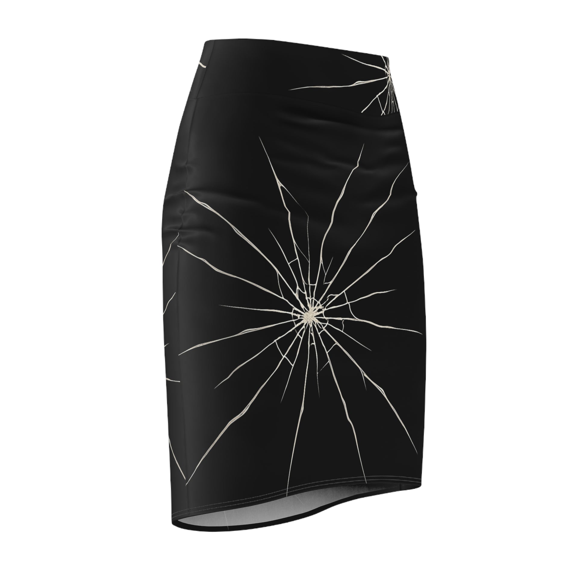 Black gothabilly pencil skirt with a cracked-glass “fractured mirror” design, featuring multiple white shatter patterns across the front. Designed by Hip Crypt, available in sizes XS to 2XL.