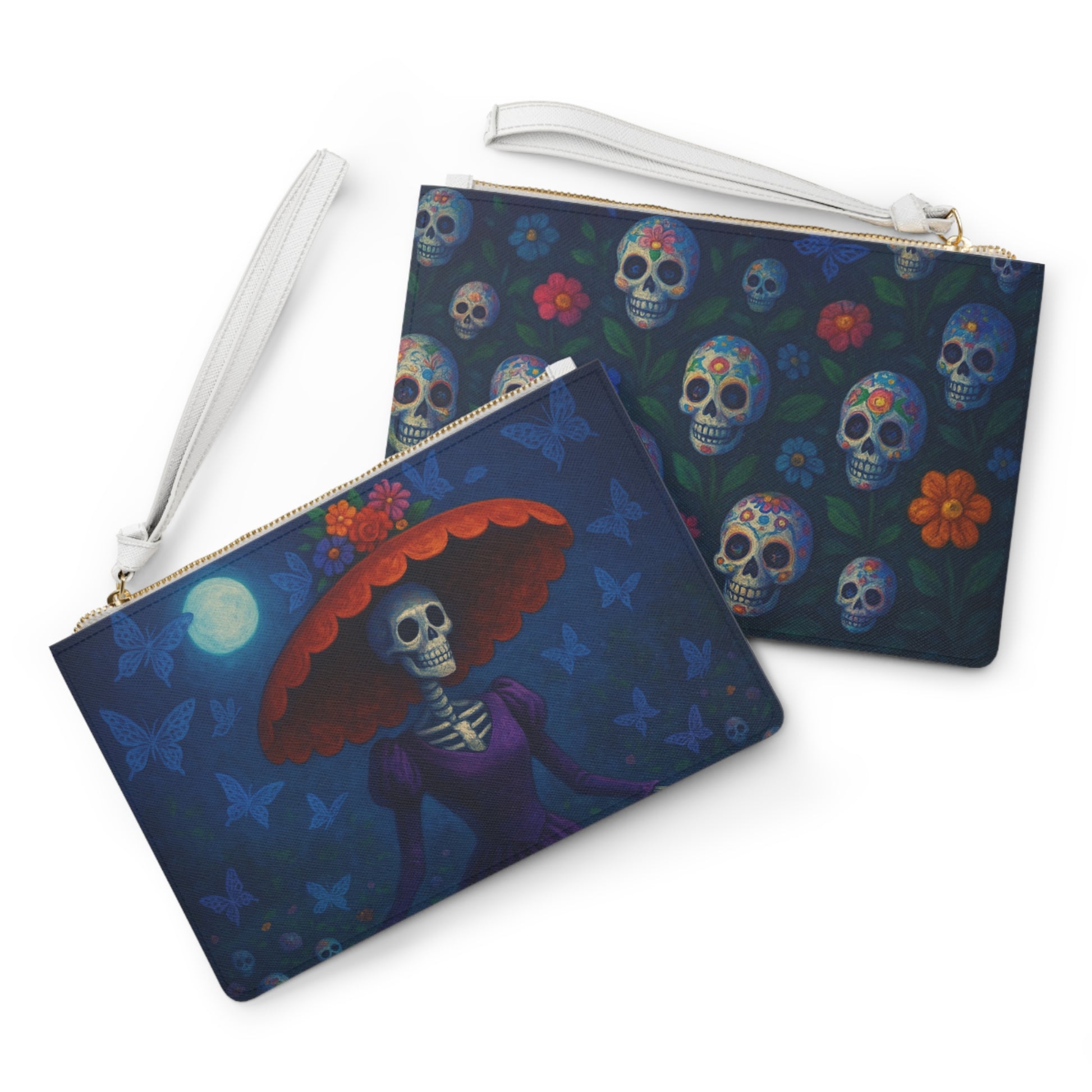 Two pouches with Day of the Dead designs featuring skeletons and flowers on a white background.