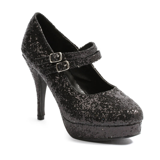 421-JANE-G Ellie Shoes 4" Double Strap Glitter Mary Jane EXTENDED S 4 INCH HEEL PUMPS