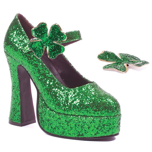 557-LUCKY Ellie Shoes 5" Chunky Heel Green Glitter Maryjane 5 INCH HEEL PUMPS