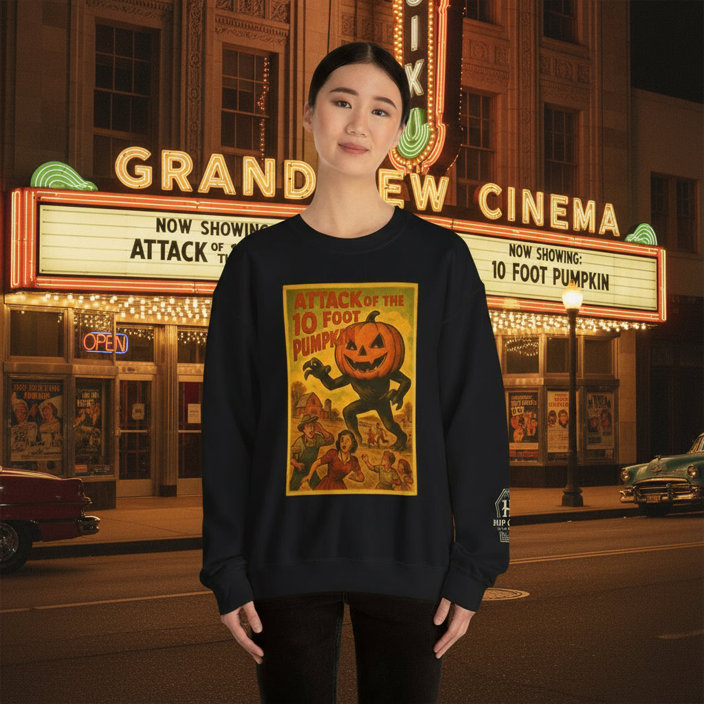 Person wearing a black sweatshirt with a pumpkin attacking a patch graphic in front of a cinema marquee.
