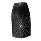 Black gothabilly pencil skirt with a cracked-glass “fractured mirror” design, featuring multiple white shatter patterns across the front. Designed by Hip Crypt, available in sizes XS to 2XL.