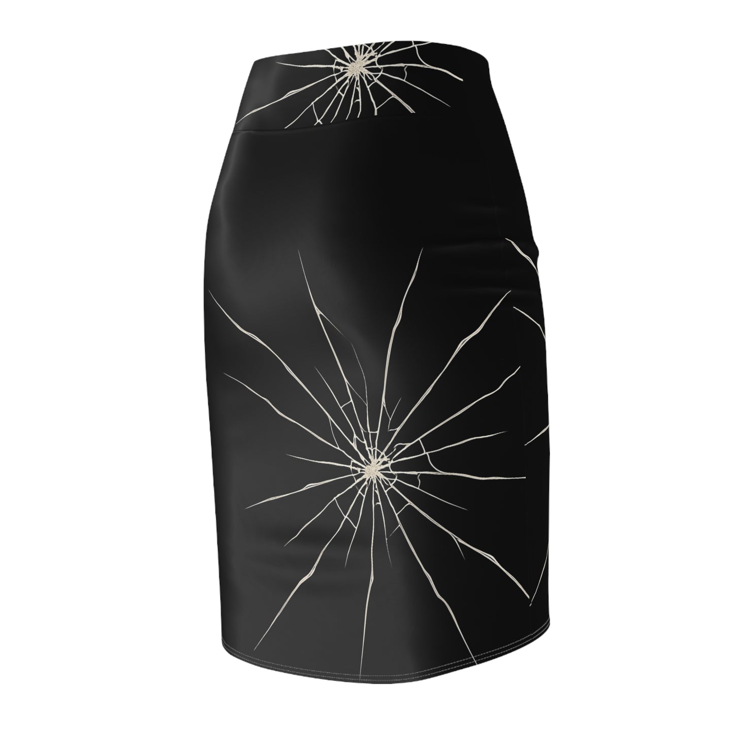 Black gothabilly pencil skirt with a cracked-glass “fractured mirror” design, featuring multiple white shatter patterns across the front. Designed by Hip Crypt, available in sizes XS to 2XL.