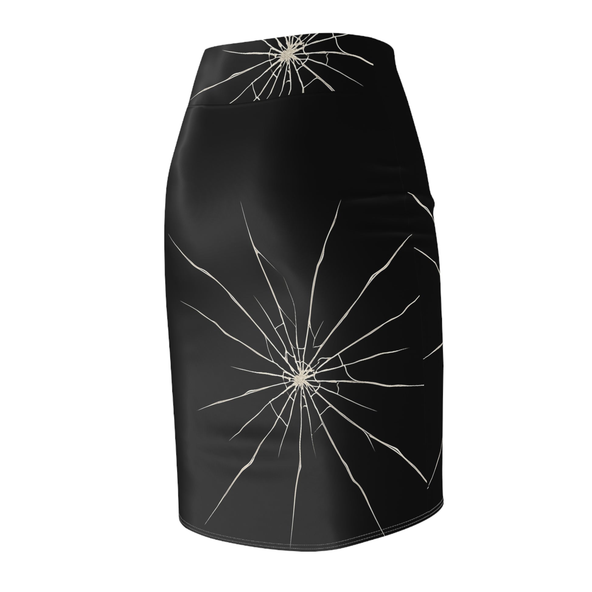 Black gothabilly pencil skirt with a cracked-glass “fractured mirror” design, featuring multiple white shatter patterns across the front. Designed by Hip Crypt, available in sizes XS to 2XL.