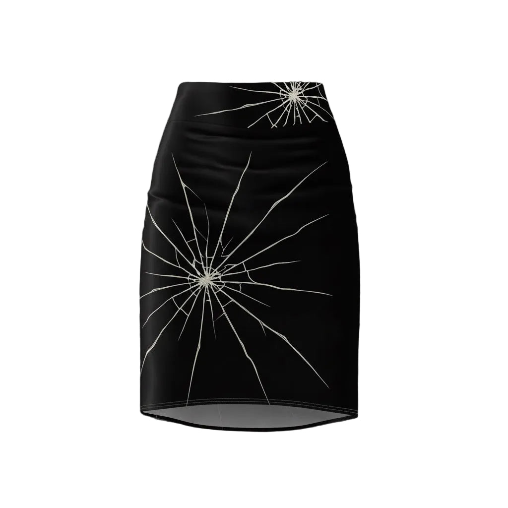 Black gothabilly pencil skirt with a cracked-glass “fractured mirror” design, featuring multiple white shatter patterns across the front. Designed by Hip Crypt, available in sizes XS to 2XL.