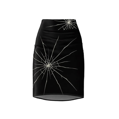 Black gothabilly pencil skirt with a cracked-glass “fractured mirror” design, featuring multiple white shatter patterns across the front. Designed by Hip Crypt, available in sizes XS to 2XL.