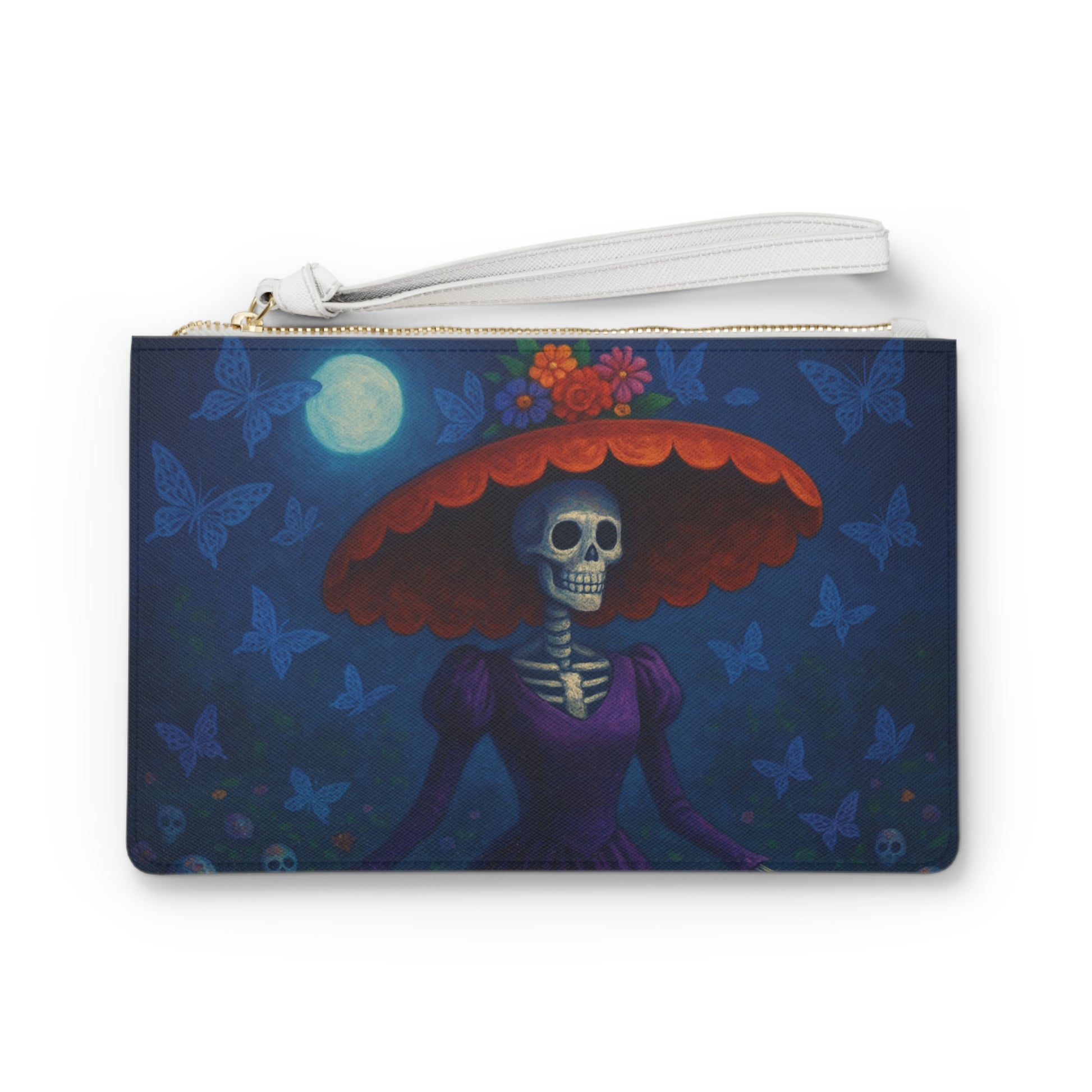 Pouch with a skeleton design under a red umbrella on a dark blue background with butterflies.
