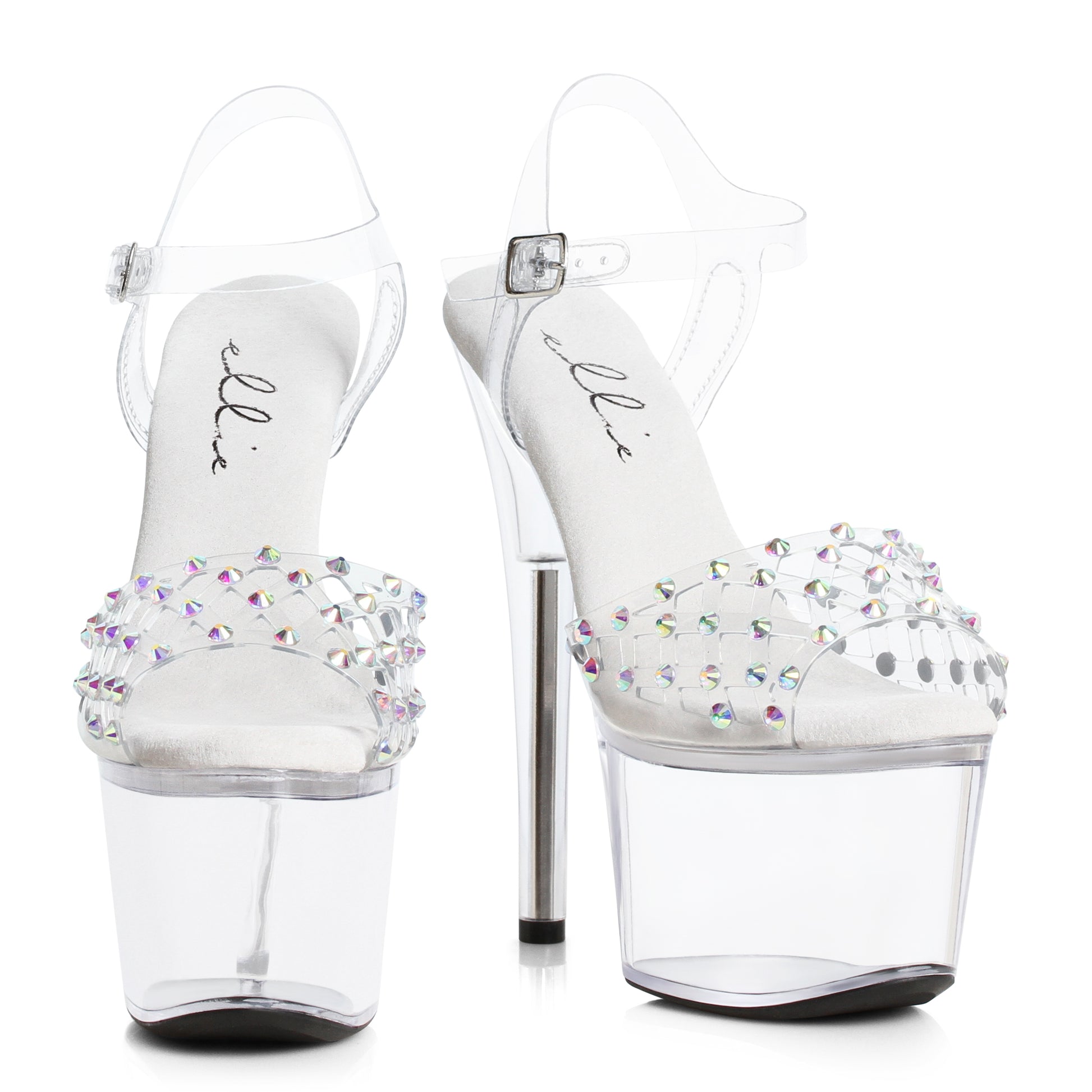 709-SIMONE Ellie Shoes 7" Heel Clear Sandal With Rhinestone Upper 7 INCH HEEL