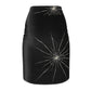 Black gothabilly pencil skirt with a cracked-glass “fractured mirror” design, featuring multiple white shatter patterns across the front. Designed by Hip Crypt, available in sizes XS to 2XL.