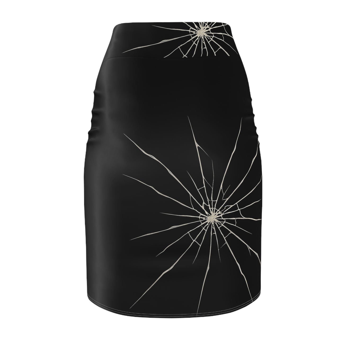 Black gothabilly pencil skirt with a cracked-glass “fractured mirror” design, featuring multiple white shatter patterns across the front. Designed by Hip Crypt, available in sizes XS to 2XL.
