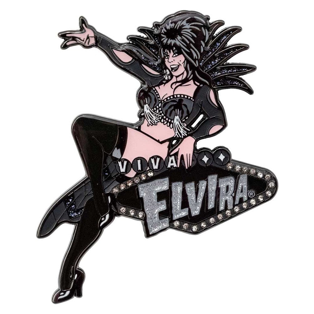 Elvira Vegas Rhinestone Black Enamel Pin Hip Crypt Kreepsville