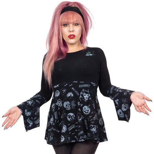 Spookshow Bell Sleeve Babydoll Top Blk/Grey