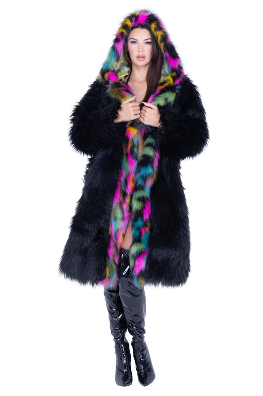 FE294 - Mid-Length Hooded Fur Coat for Rave Clubwear Festival at Hip Crypt by J. Valentine 