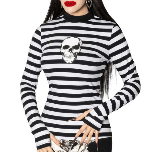 Skull Black White Striped Long Sleeve Top Hip Crypt Kreepsville