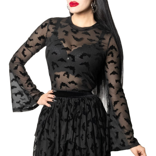 Bat Repeat Mesh Bell Sleeve Top Hip Crypt Kreepsville