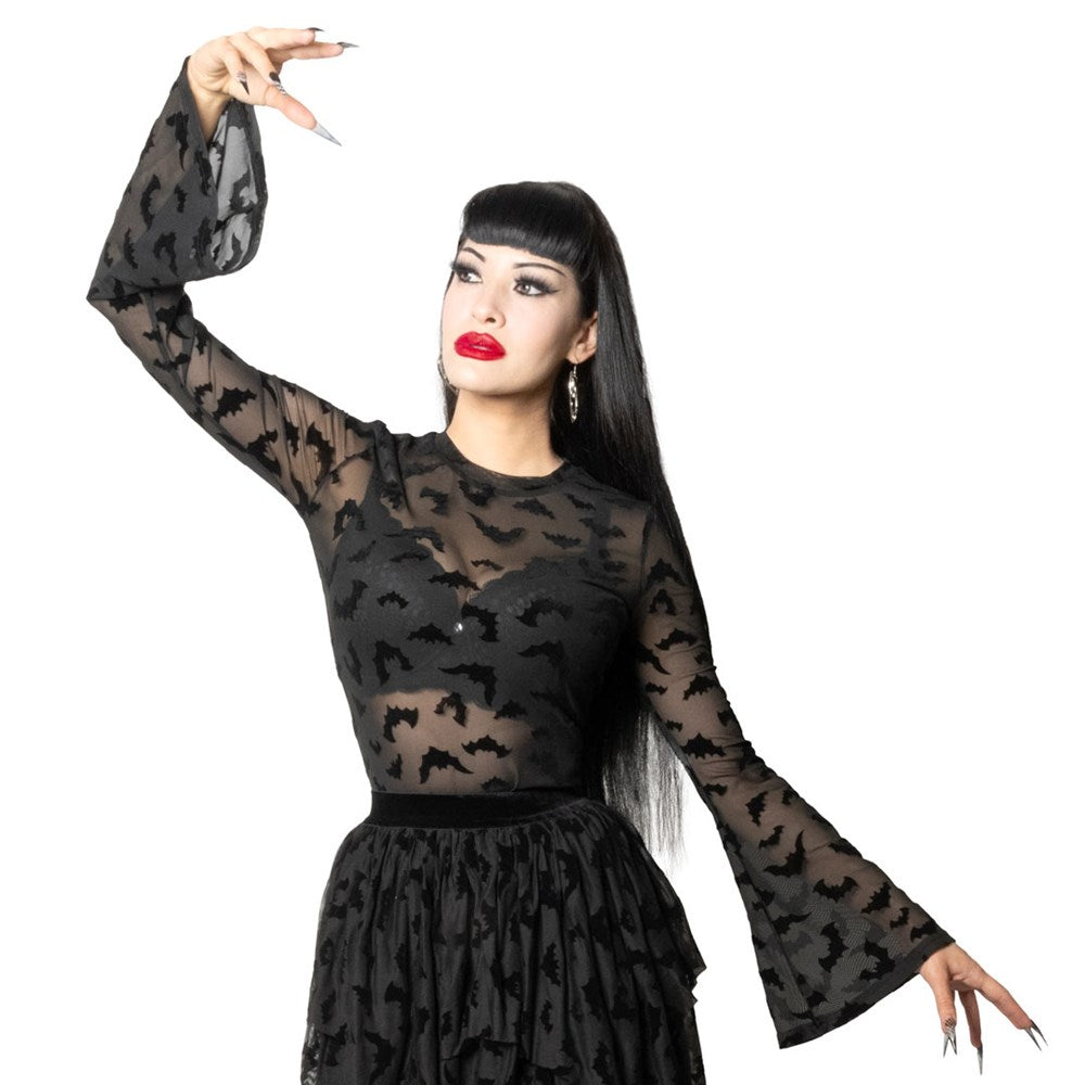 Bat Repeat Mesh Bell Sleeve Top