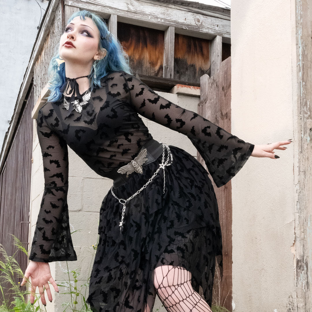 Bat Repeat Mesh Bell Sleeve Top