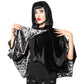 Woman wearing a black velvet bat-wing capelet with hood, showing grey lining printed with black bats