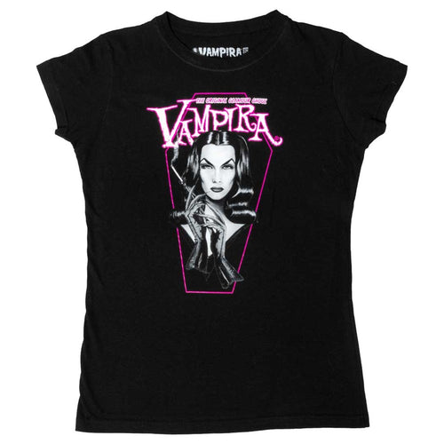 Vampira Pink Coffin Womens T-Shirt Hip Crypt Kreepsville