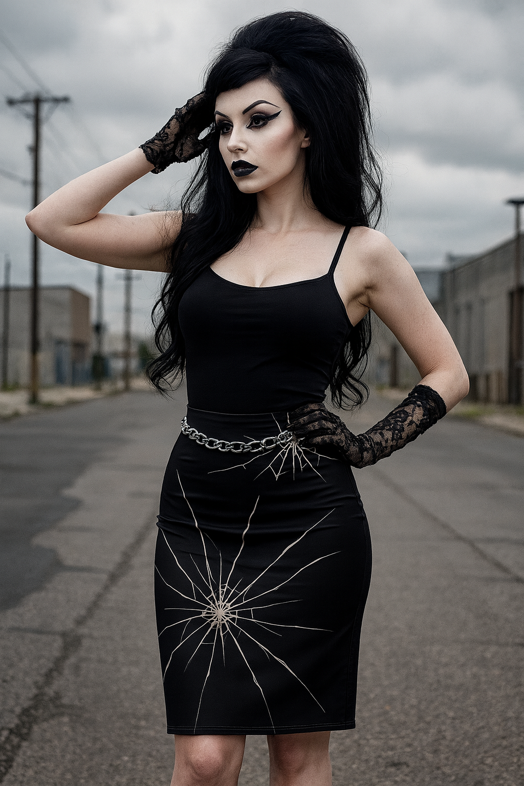 Woman in black top with a black skirt with a cracked mirror design