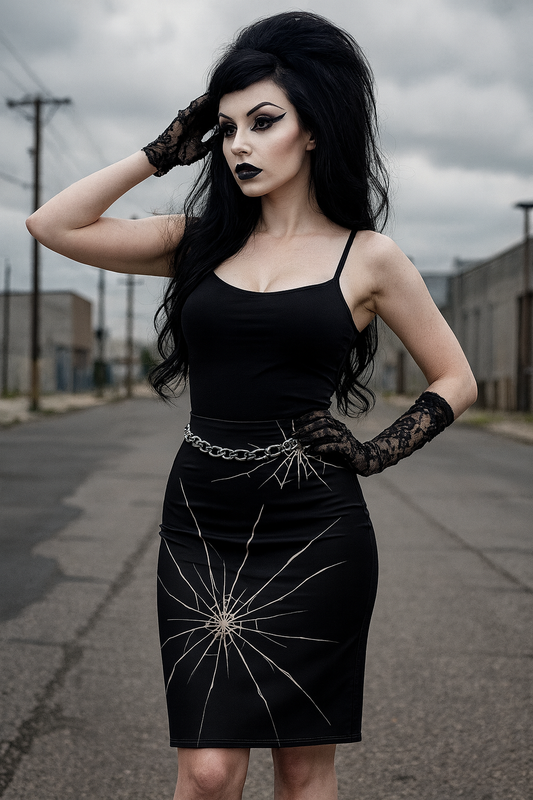 Woman in black top with a black skirt with a cracked mirror design