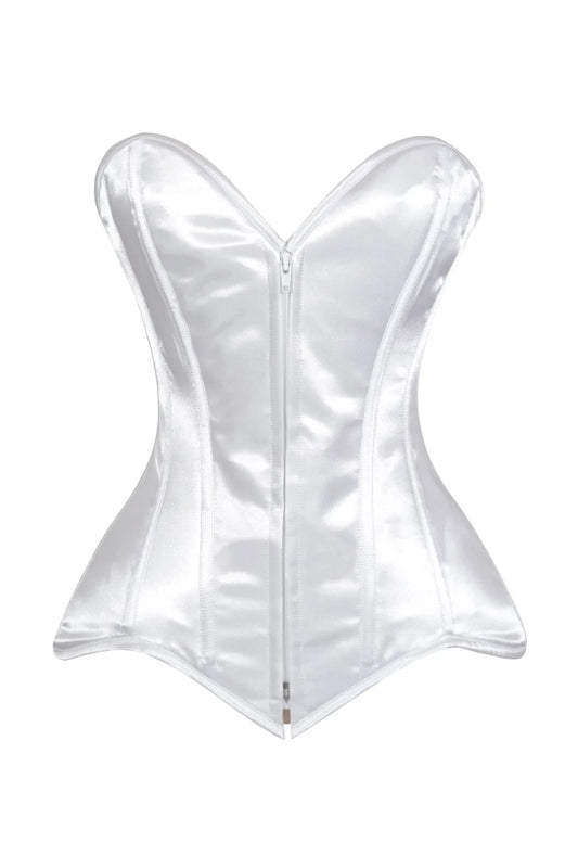 Lavish White Satin Front Zipper Overbust Corset