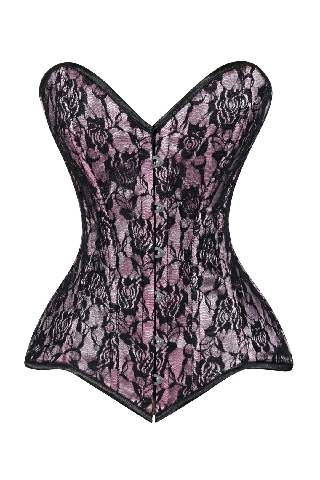 Lavish Pink/Black Lace Overbust Corset Sweetheart Neckline Busk Closure