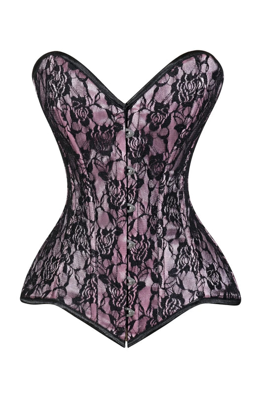 Lavish Pink/Black Lace Overbust Corset Sweetheart Neckline Busk Closure