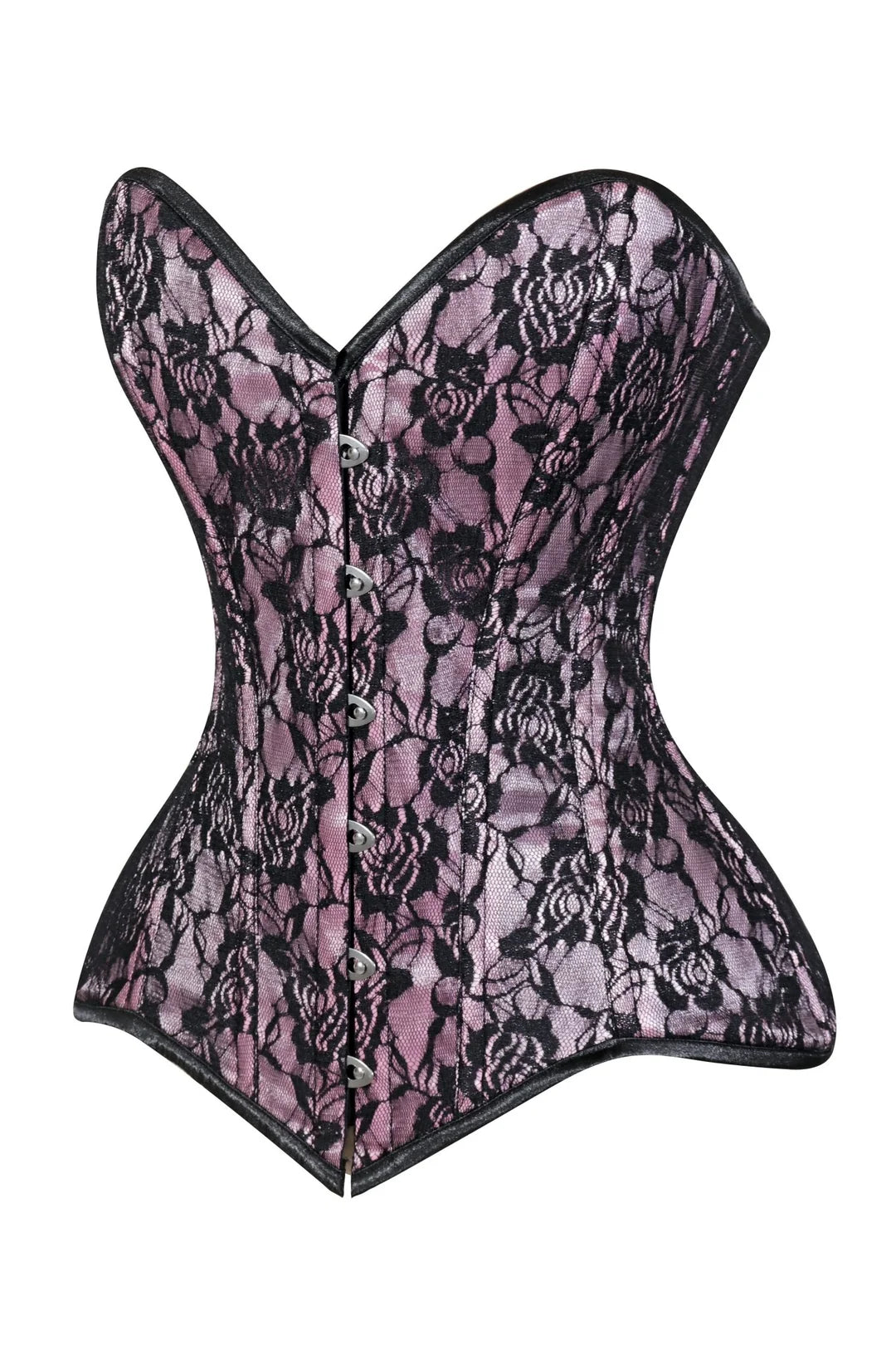 Lavish Pink/Black Lace Overbust Corset Sweetheart Neckline Busk Closure