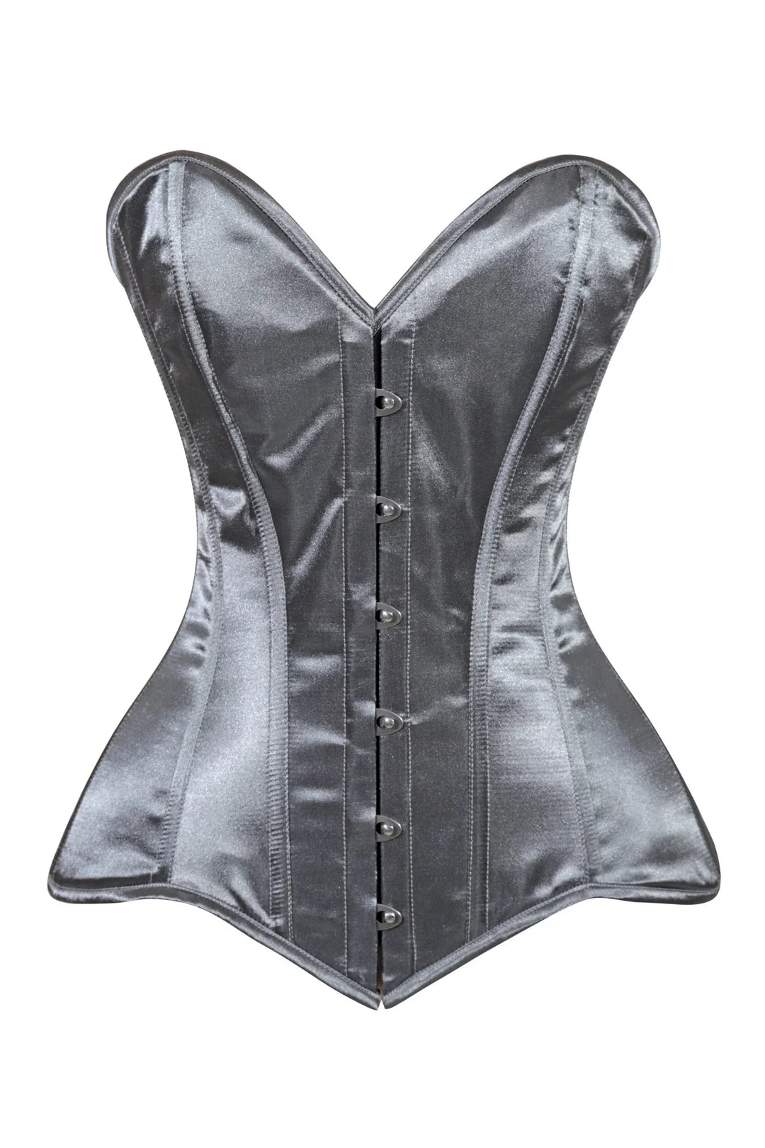 Lavish Dark Silver Satin Overbust Corset Sweetheart Neckline Busk Closure