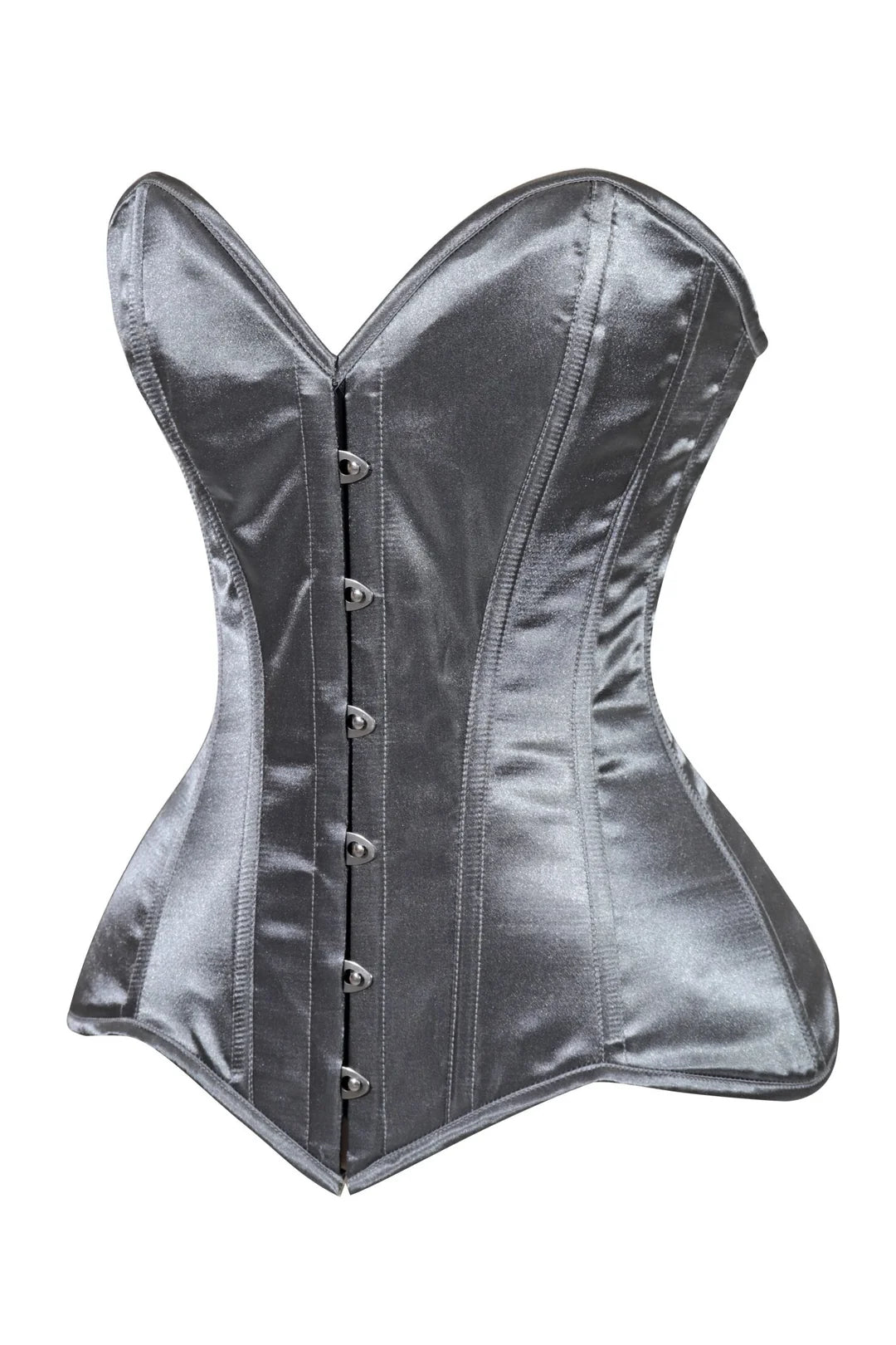 Lavish Dark Silver Satin Overbust Corset Sweetheart Neckline Busk Closure