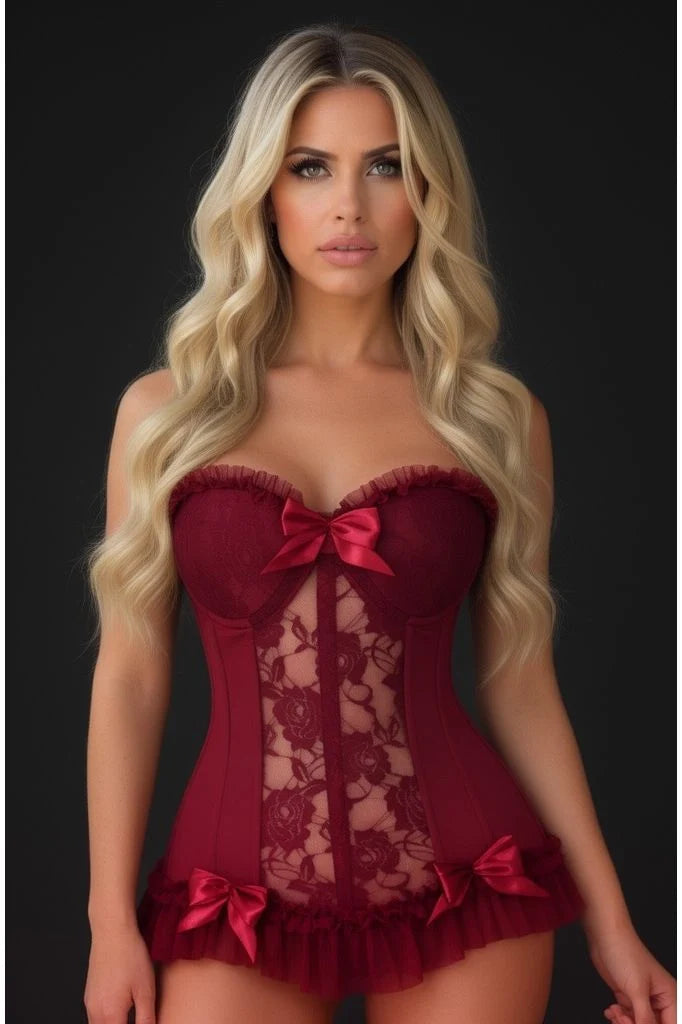 Lavish Dark Red Wine Lycra & Lace Hook & Eye Stretch Bustier Corset